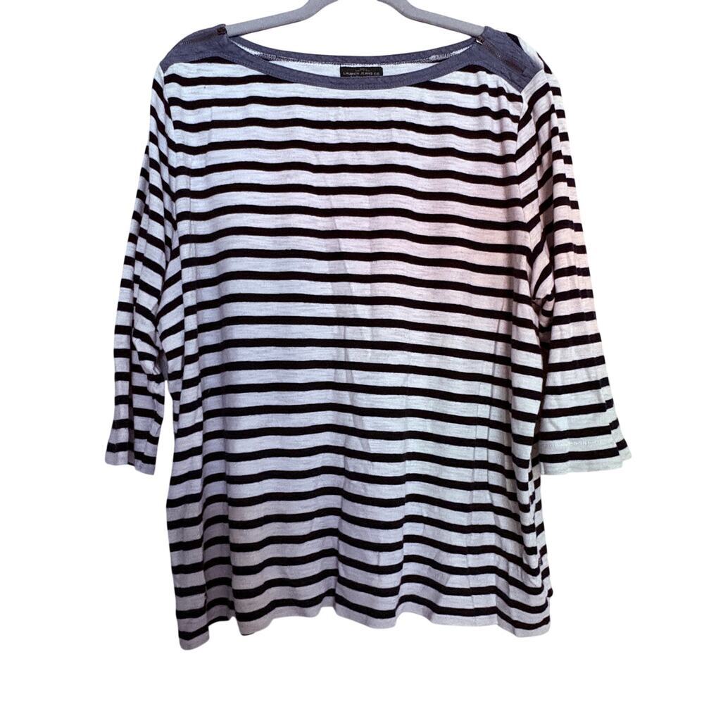 Lauren Ralph Lauren Striped Top 3X Blue White Cotton Zipper Shoulder Nautical